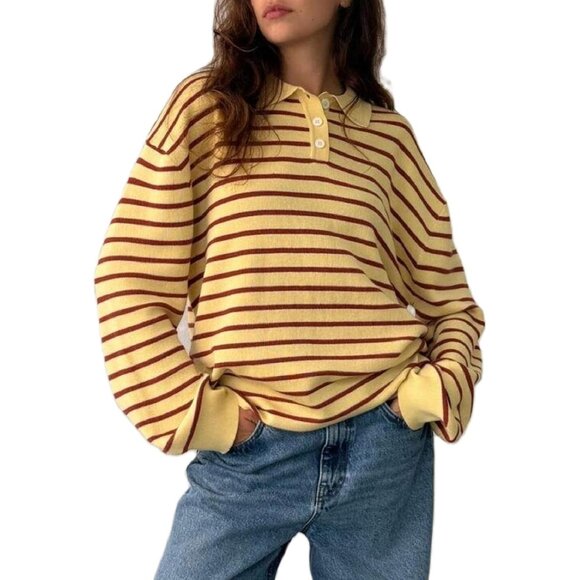 Women's Oversized Striped Knit Polo Sweater Color Block Casual Streetwear - Picture 1 of 5